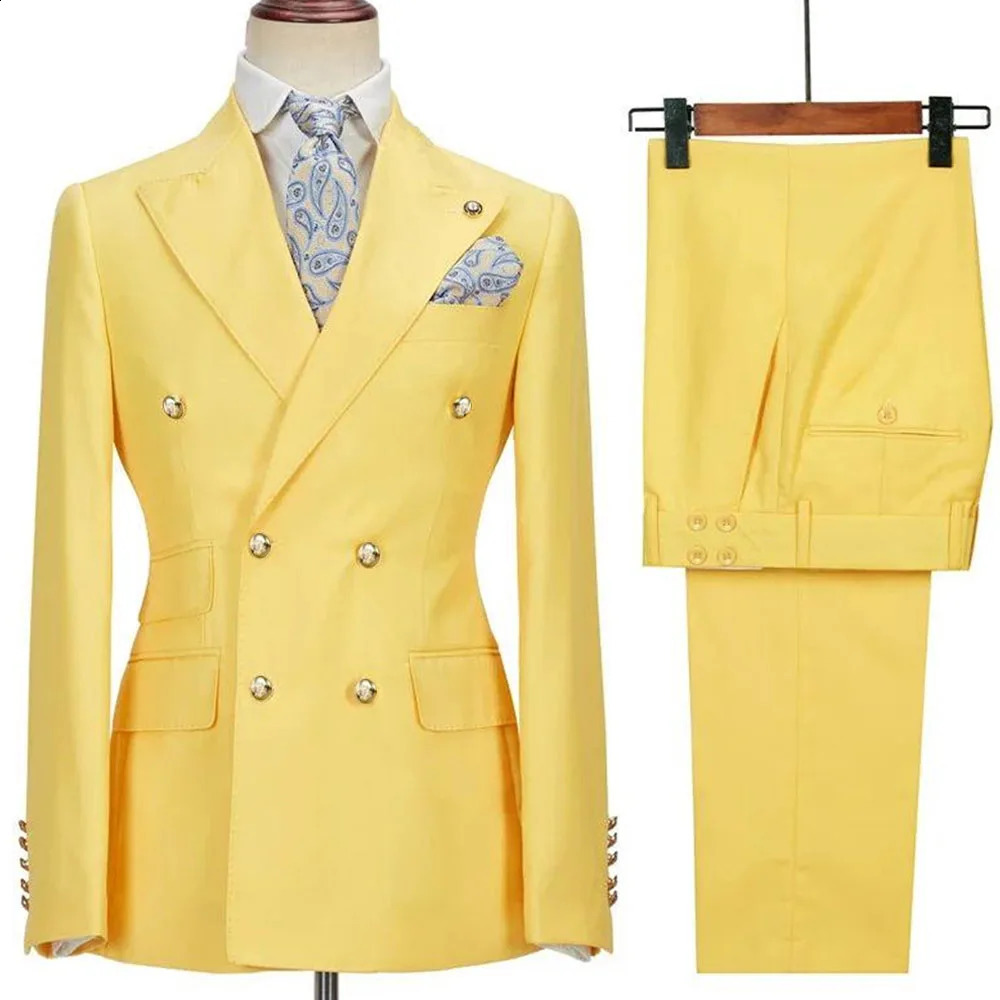 Blazer Hombre Yellow Suits for Men Chic Double Breasted Lapel Elegant Wedding Full Set Male 2 Piece Jacket Pants 031D 240812cj