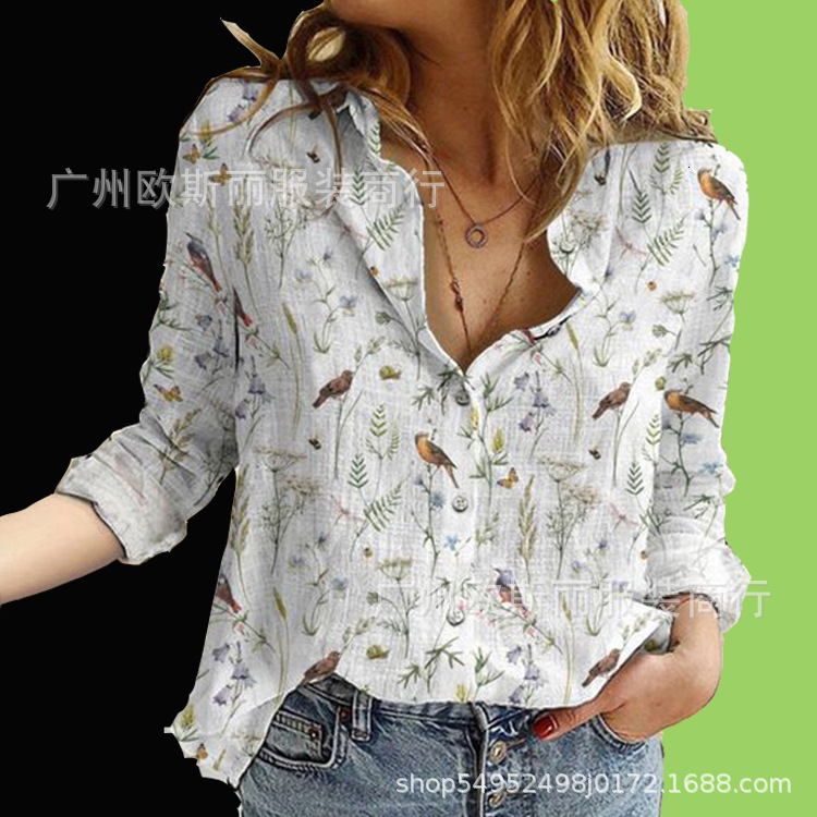 2024 Spring/Summer Women's New Digital Printed Collar Long Sleeve Shirt Blouse