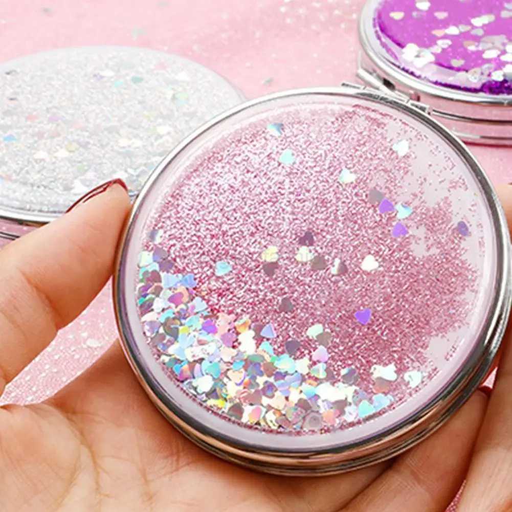 Shiny Quicksand Makeup Mirror Portable Magnifying Hand Pocket Vanity Mirror Standing Makeup Square Foldable Compact Girls C W6K8XJ240813