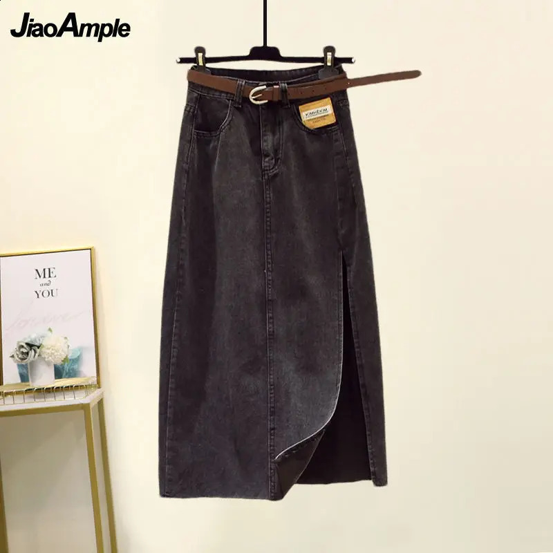 Womens Summer Skirt Suit 2024 Loose Shirt Top Slit Denim Skirts Two Piece Korean Elegant Fashion Blouse Midi Dress Set 240812