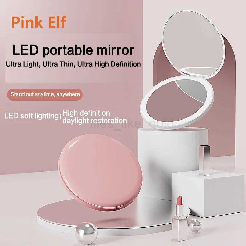 Mini LED light makeup mirror foldable compact mirror with illuminated circle portable USB handheld makeup mirror W240813