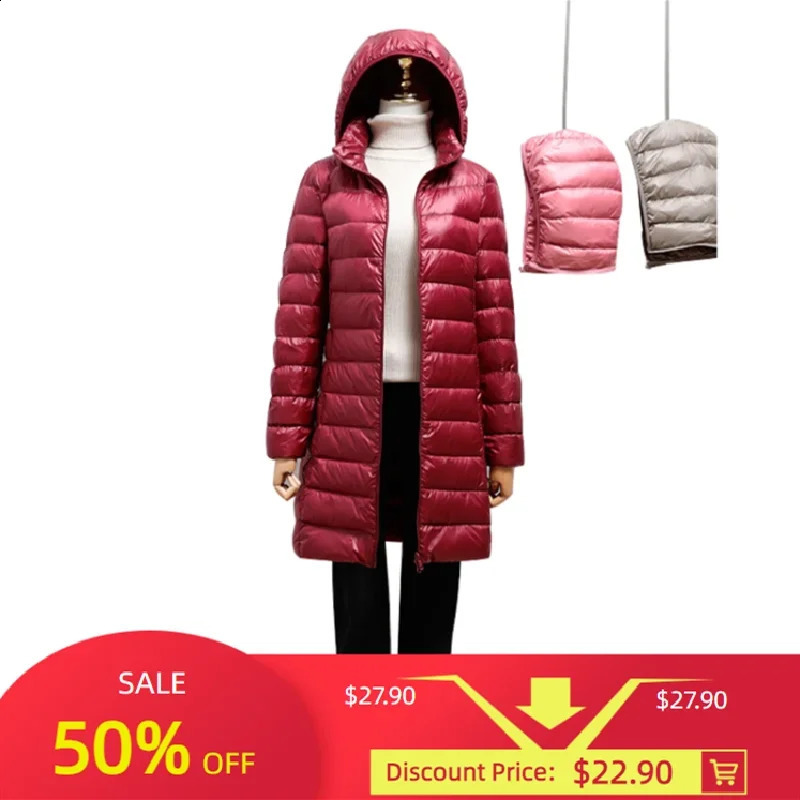 2024 Women Spring Jacket Ultralight Thin Packable Down Long Jacket Female Hat Detachable Slim Fit Skirt Coat Portable Outwear 240813