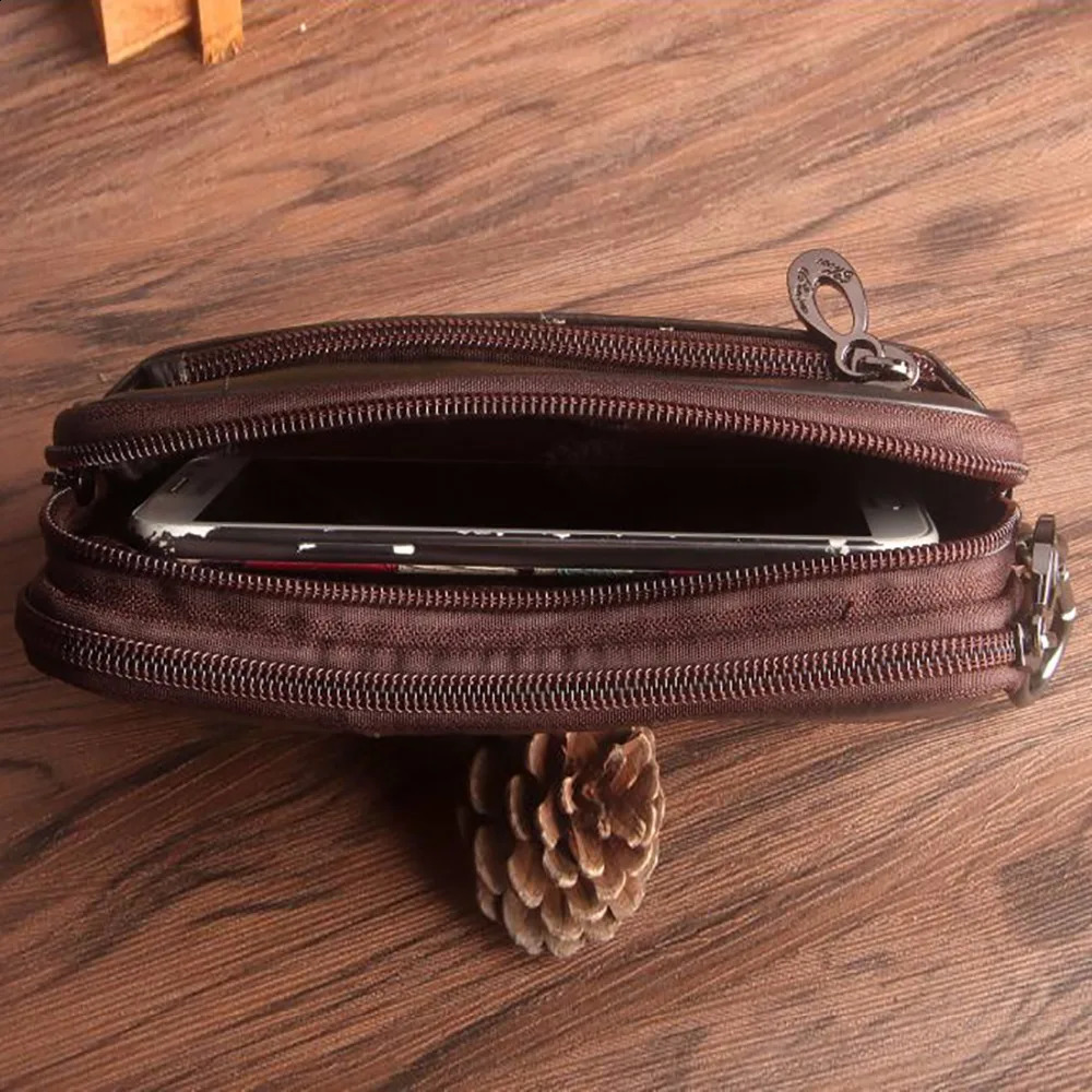 Mens clutch waist bag phone case cover genuine leather mens genuine cowhide hook Hip strap bag wallet Fanny bag 240812