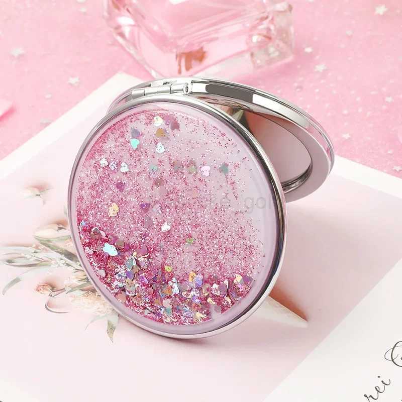 Folding double-sided makeup mirror suitable for womens gifts with sparkling sand mini makeup mirror compact pocket mirror pink W240813
