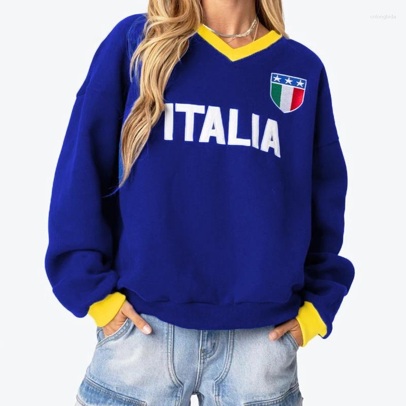Women's Hoodies 2024 Italia Print Casual Retro Long Sleeve Blue Sweater Super Fire All-match Small Fresh Style Sweet Sweatshirt