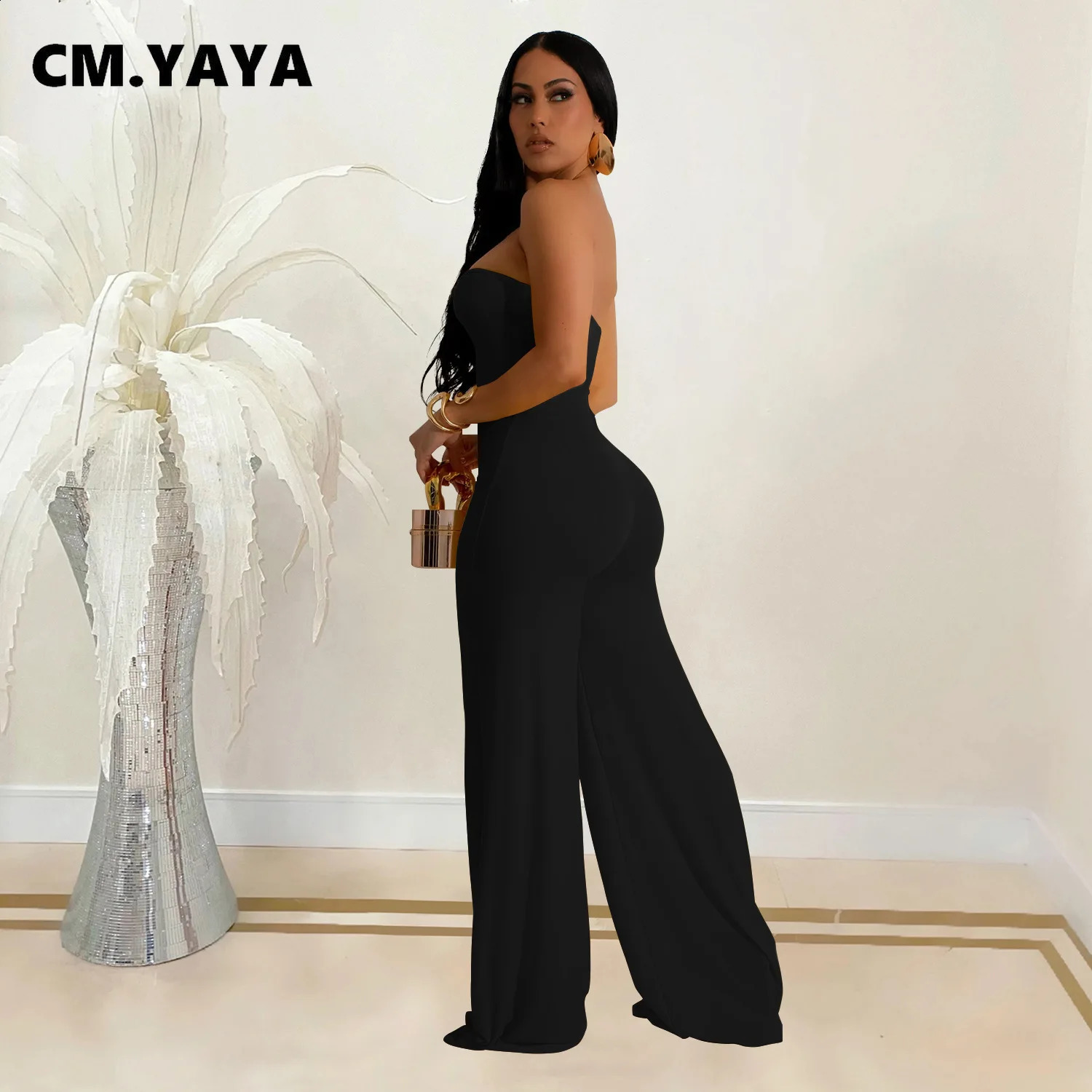 CM.YAYA Women Wide Leg Deep V-Neck Sleeveless Jumpsuits 2024 Summer Hollow Out Night Street Club Playsuit One Piece Suit Romper 240813