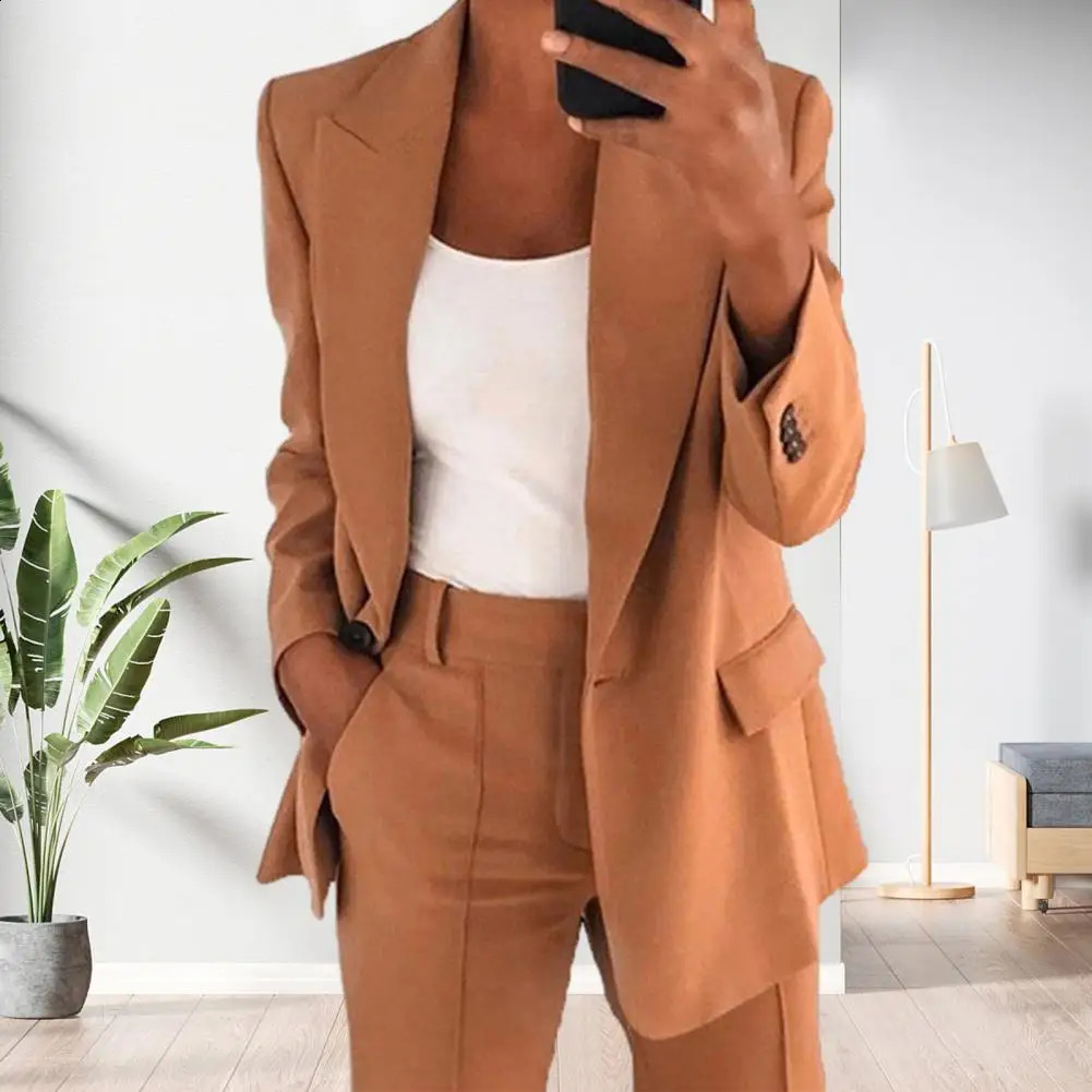 2 PcsSet Women Lapel Long Sleeve Blazer High Waist Straight Wide Leg Long Pants Set One Button Pockets Solid Color Work Suit 240813