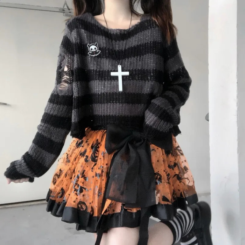 Casual Simple Sweater Knitwear Striped Long Sleeve Gothic Pullover Loose Punk Thin Knit Jumpers Grunge Women Autumn Sweaters 240812