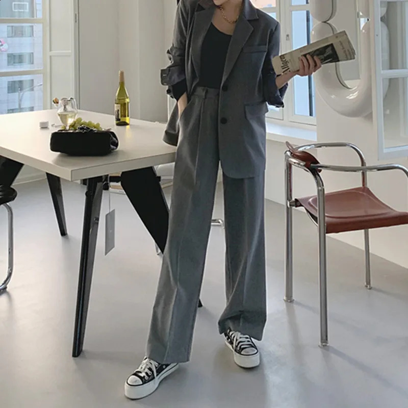Autumn Office Womens Jacket Set Korean Loose Grey High Waist Wide Leg Pants 2piece 240812