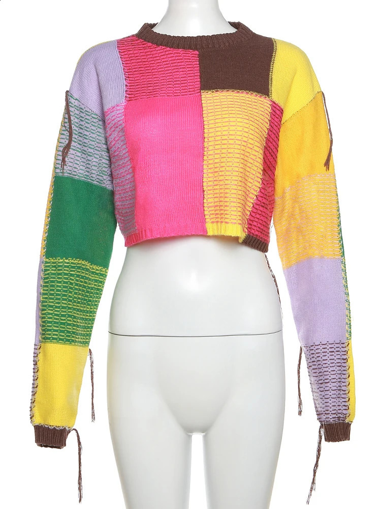 Weird Puss Knit Women Sweater Pullover Autumn Y2K Colorful Casual Fashion Patchwork o-Neck Casual Wild Streetwear Basic Tees 240813
