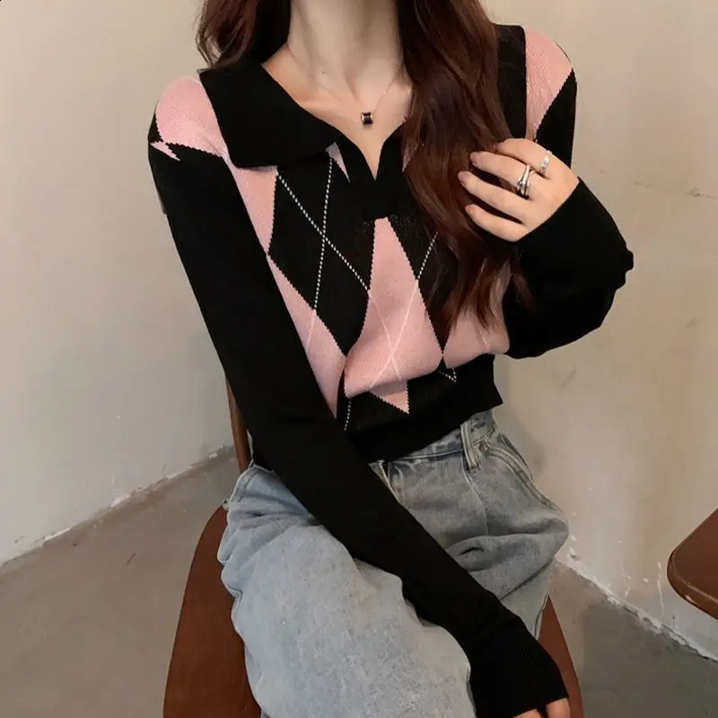Spring Trend Patchwork Knitting Turn-down Collar Long Sleeve Pullovers Women Clothing Preppy Style Plaid Slim Sweater Femme Tops 240812