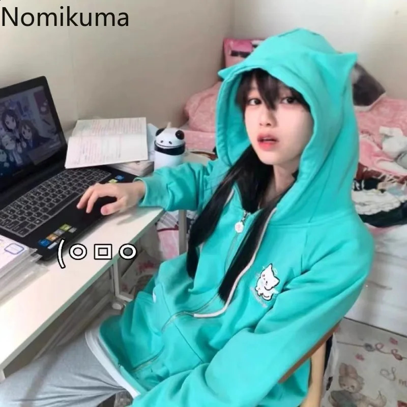 Embroidery Cat Anime Hoodie Women Long Sleeve Hooded Zipper Japanese Y2k Coat Ropa Mujer Casual Oversized Sweatshirts Tops 240812
