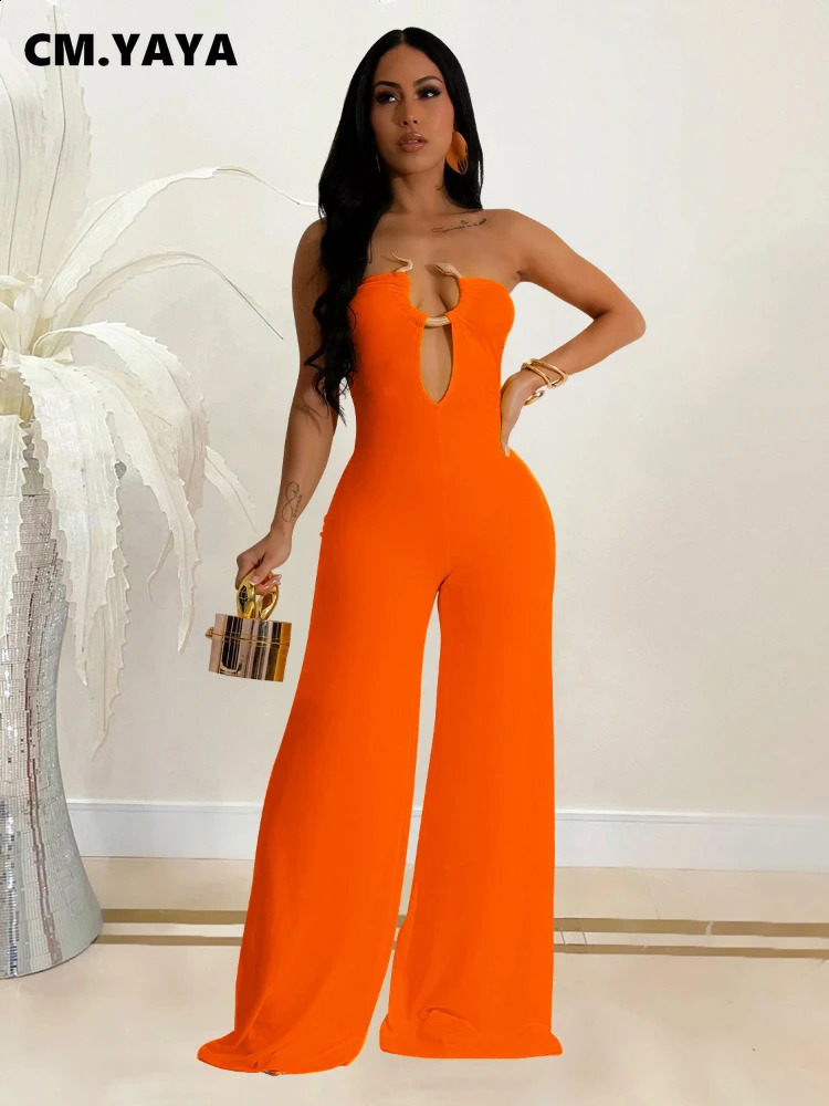 CM.YAYA Women Wide Leg Deep V-Neck Sleeveless Jumpsuits 2024 Summer Hollow Out Night Street Club Playsuit One Piece Suit Romper 240813