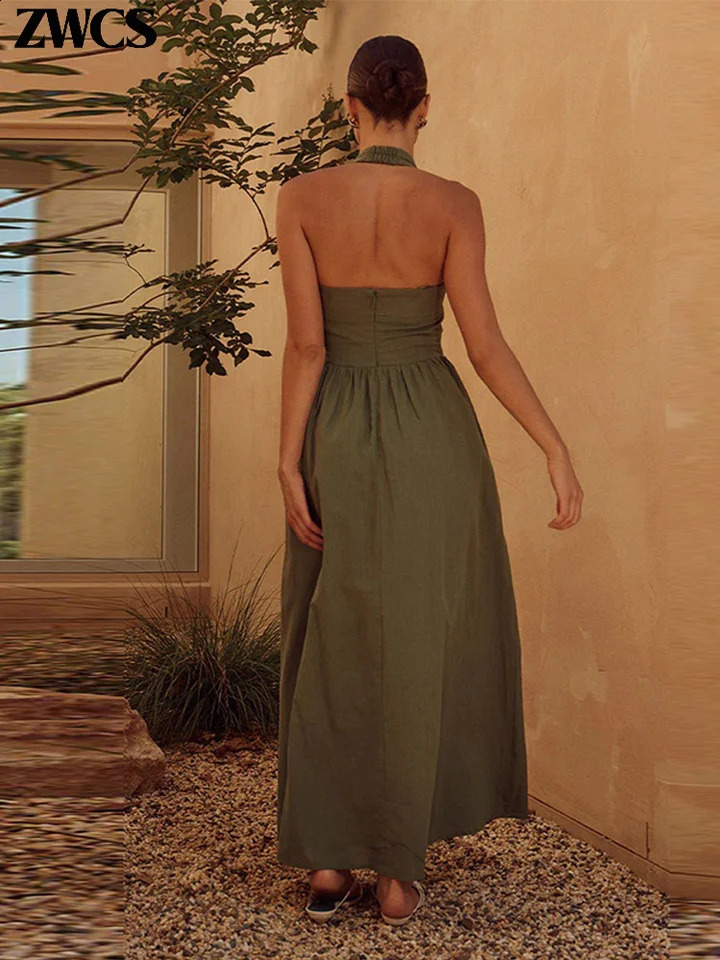 Clearance Pleated Halter Spaghetti Strap Dress Women Solid Backless Zipper Midi Dresses 2024 Summer Lady Casual Streetwear Robe 240812