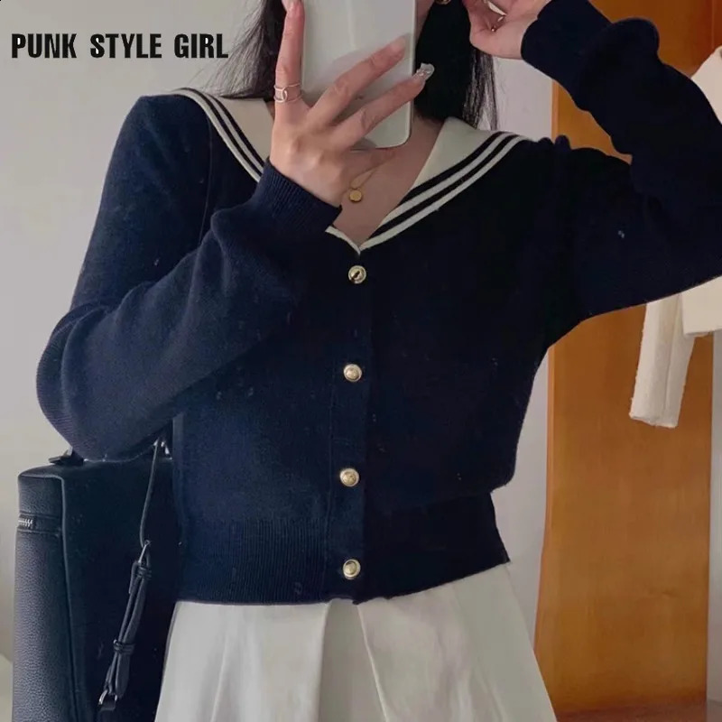 Sailor Collar Vintage Women Cardigan Preppy Style Basic Sweater Korean Spring Knitwear White Jumper Japanese Aesthetic Tops 240812