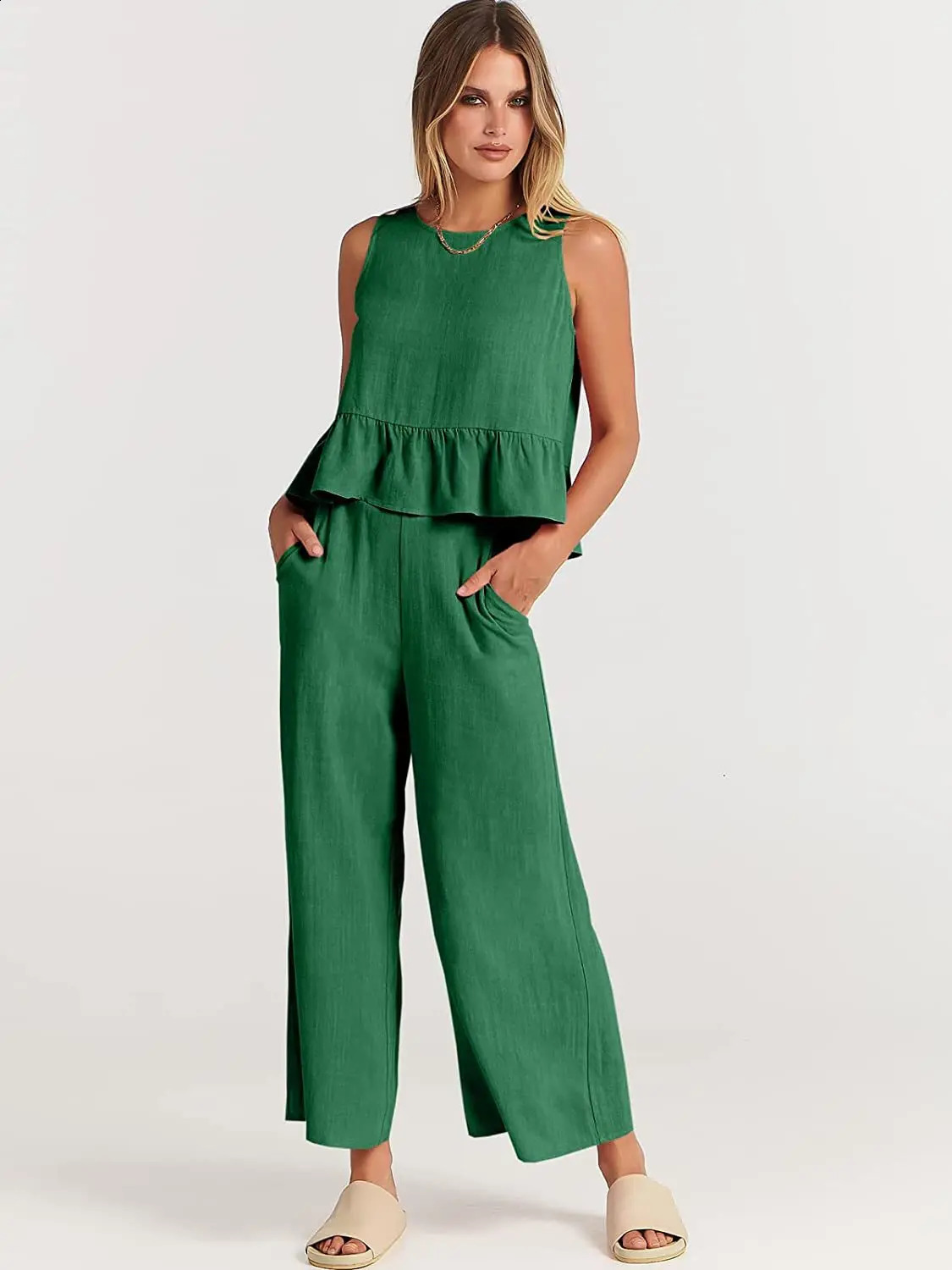 2024 Summer Two Piece Set Women Casual Sleeveless Pleated Pants Sets Wide-leg Loose Clothes 2 Piece Sets O Neck Trouser Suits 240813
