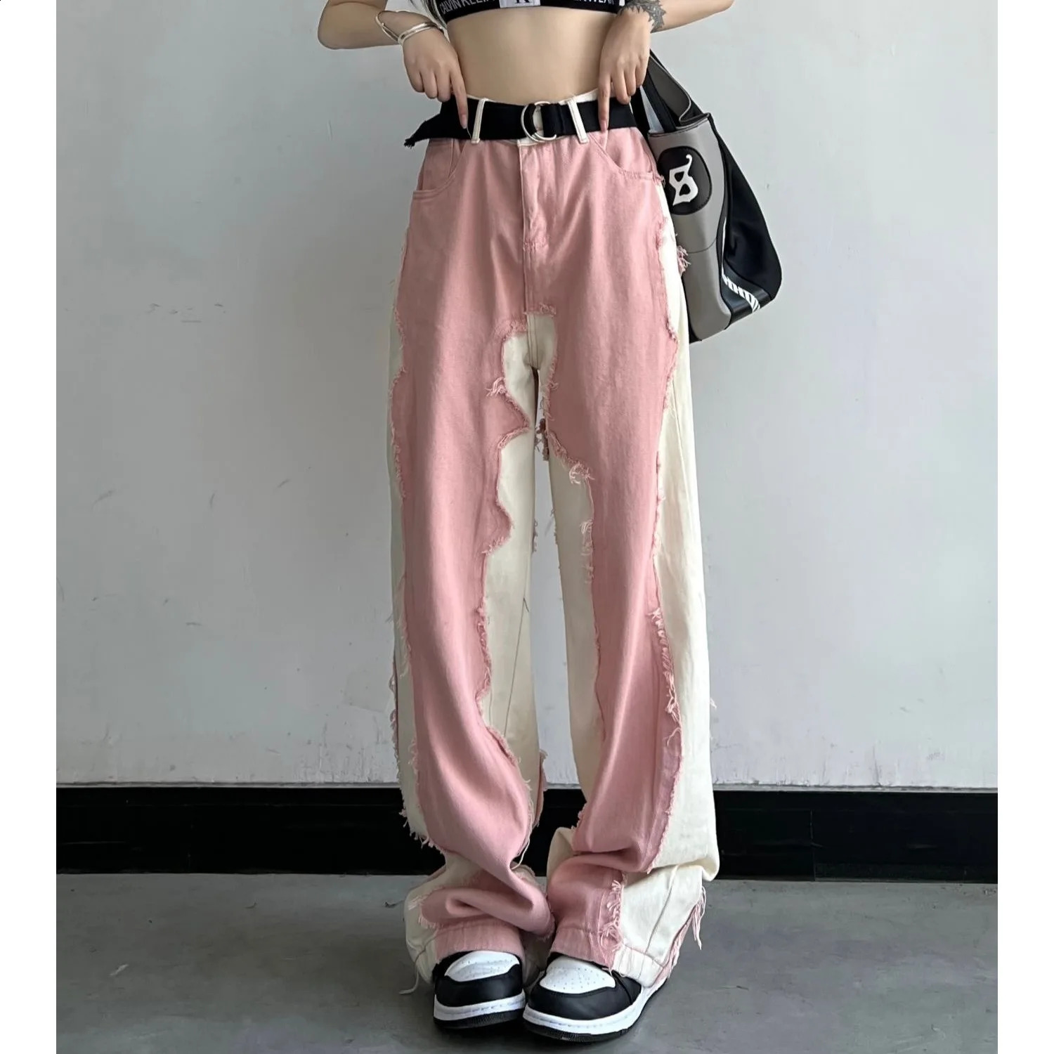 Y2k Vintage Women Splicing Jeans Streetwear Fashion Cootrast Color Pants Oversize Loose Casual Straight Wide Leg Trousers 240813