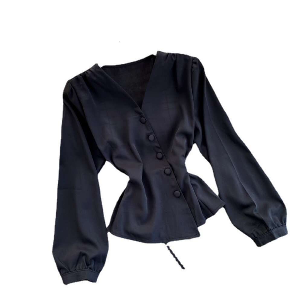 Blouse design sense niche diagonal open breasted buckle tied waist slimming irregular bubble sleeve top for women