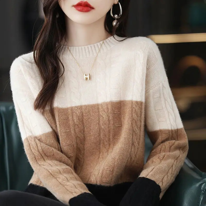 Winter Office Lady Patchwork Knitting Loose O-neck Long Sleeve Pullovers Ladies Fashion Screw Thread Thick Sweater Womens 240812