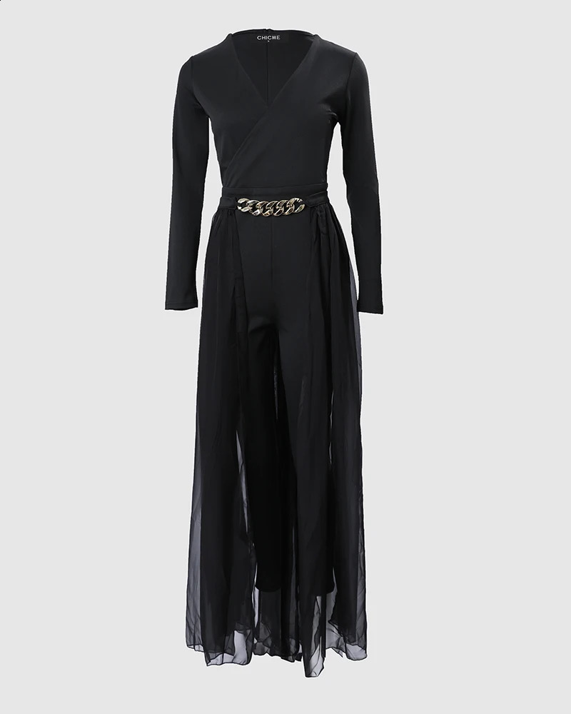 Fashion Jumpsuits Women Elegant Deep V Neck Black Solid Chain Decoration Mesh Patchwork Straight Leg Casual Working Jumpsuit 240813