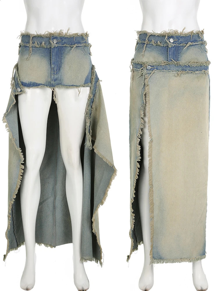 IAMSURE Vintage Casual Slim Split Denim Skirt Sexy Low-Waisted Maxi Skirts Women Autumn Spring Streetwear Holiday Ladies 240812