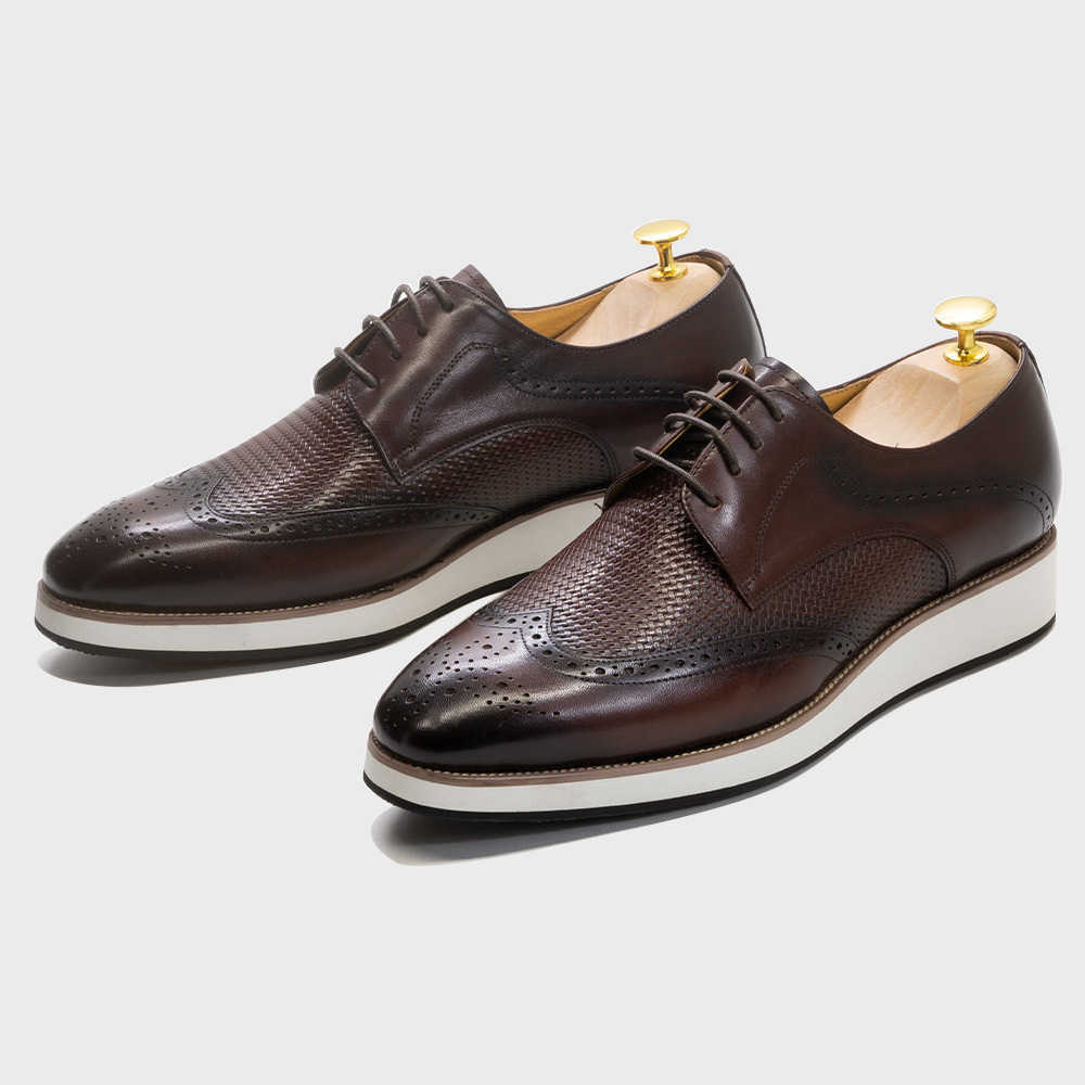CMM New Trendy Mens Leather Casual Pointed Derby Shoes Mens Woven Pattern Low Top Mens Leather Shoes