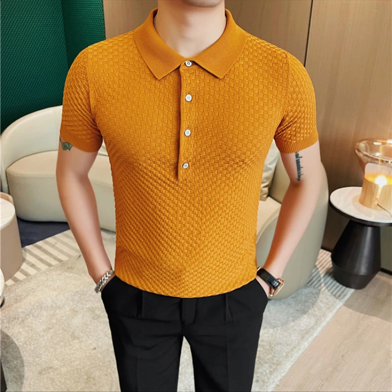 Mens Waffle Knit Polo Shirt -Short Sleeves Top Quality Knitted Polo ShirtsMale Slim Fit Plaid Leisure Golf Shirts Tops Tees 240813