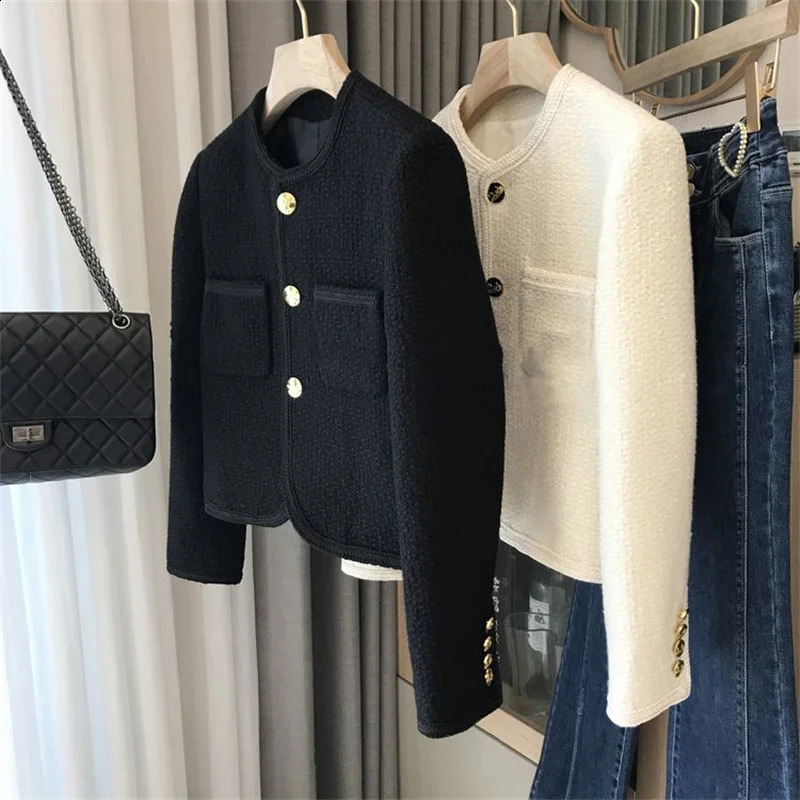 Tweed Woolen Coat Women Blazers O-Neck Single-Breasted Loose Short Jacket Outwear Female Small Fragrance Jacket Tops 240812
