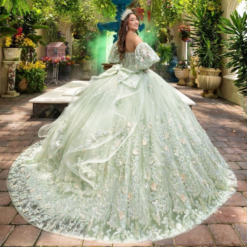 Sage Green Shiny Quinceanera Dresses Ball Gown Off The Shoulder Applique Lace Beads Tull Corset Sweet 16 Vestidos 15 De Para XV