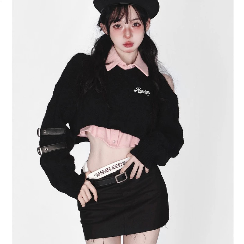 Korean Fashion Preppy style Sweet Pullover Spring Autumn Knitted Sweater Pink Vest Two peice sets Women Crop Knit Chic Top 240812