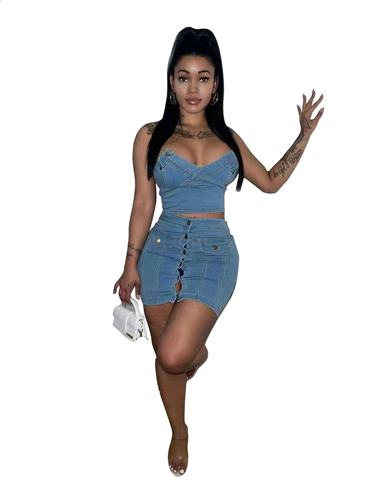 Summer Women 2 Piece Set Denim Fashion Female Cover Up Vest and Mini Skirt Sets Sexy Suit Wholesale Drop 240812