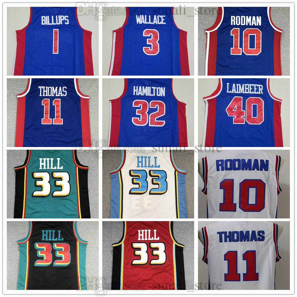 Grant 33 Hill Basketball Jerseys Retro Isiah 11 Thomas Dennis 10 Rodman Richard 32 Hamilton Bill 40 Laimbeer Joe 4 Dumars Ben 3 Wallace Chauncey 1 Billups Stitched