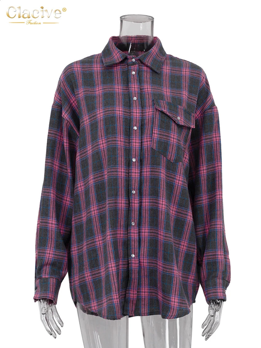 Clacive Vintage Loose Plaid WomenS Shirt Fashion Lapel Long Sleeve Office Lady Shirts And Blouses Tops Female Clothing 240812