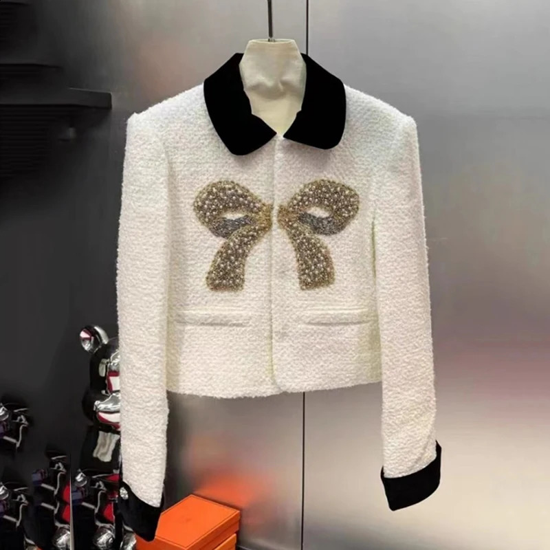 Spring Autumn Beading Tweed Cardigan Coat Jacket Office Lady Single-breasted Jacket Elegant Outerwear For Women Loose Overcoat 240812