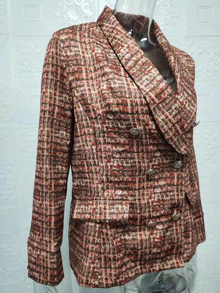 Blazer for Women Jacket Autumn Fashion Double Breasted Tweed Blazer Coat Vintage Long Sleeve Female Outerwears Chic Top 240812