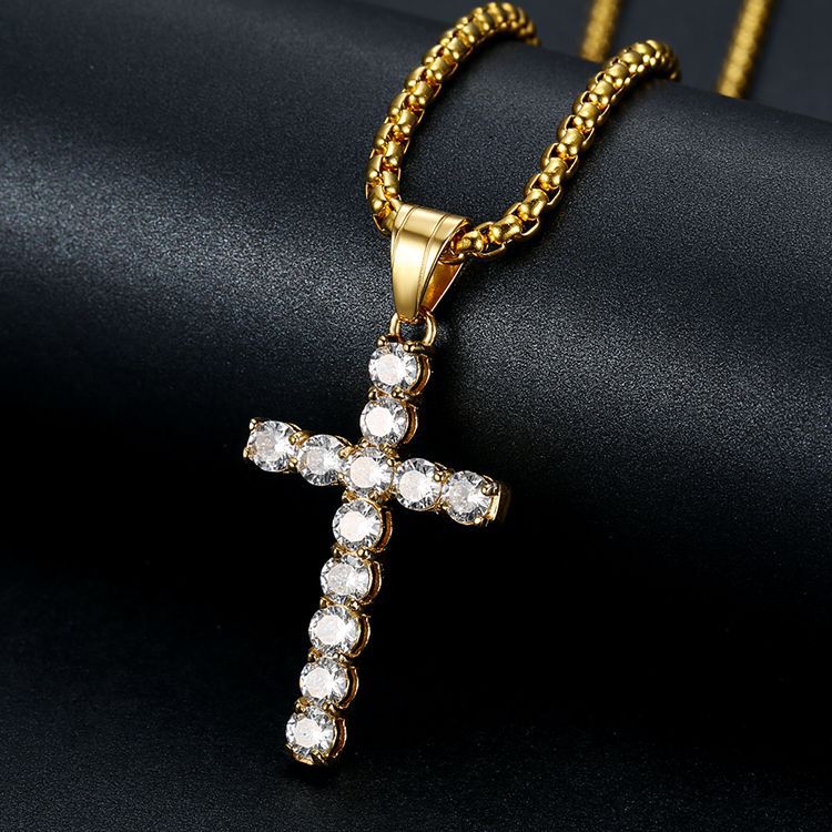 Full Zircon Titanium Steel Cross Pendants Gold Silver Color Necklace Jewelry For Men Women