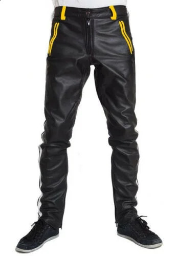 Mens COWHIDE LEATHER PANTS COLOR STRIPES BIKERS 240812