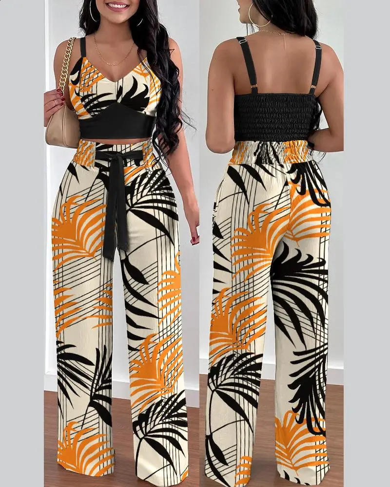 Two Piece Sets Womens Outifits Summer Fashion Printed Suspenders V Neck Sleeveless Crop Top Casual Wide-Leg Long Pants Set 240813