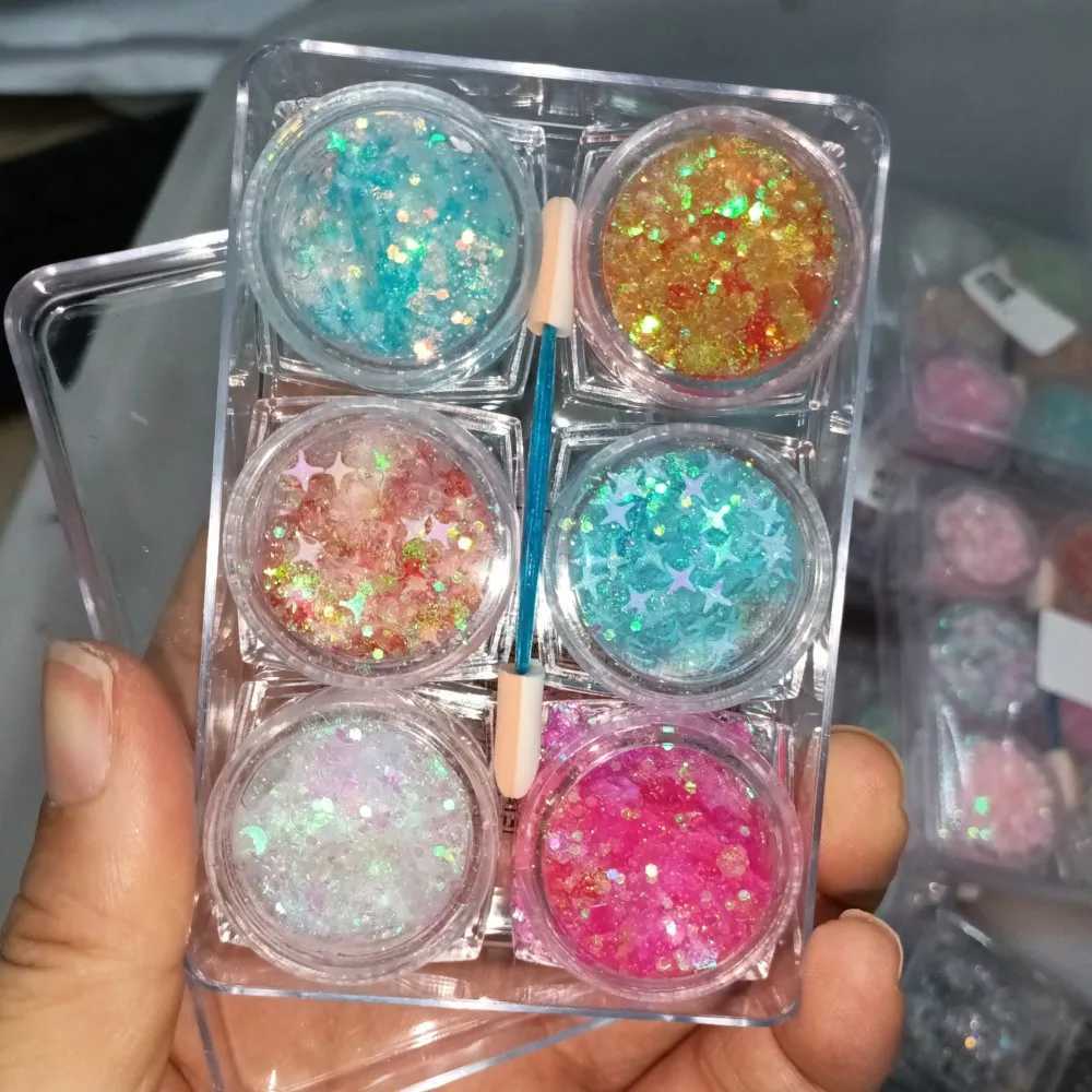 6 cans/set laser sequins gel facial body glitter eye shadow cream color sequins body cream stage nightclub halloween party makeup W240812