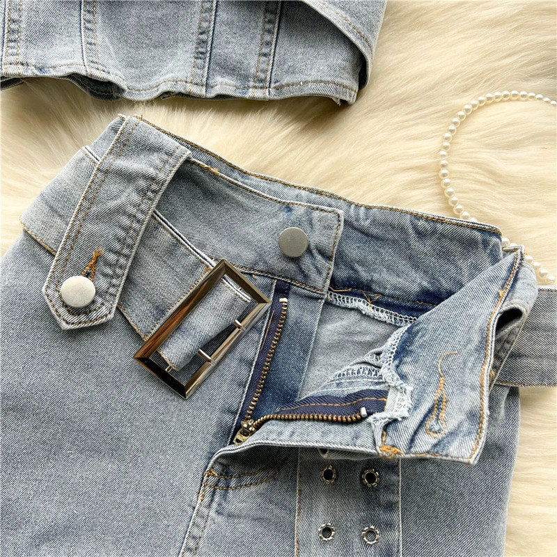 Sexy Women Summer Denim Jeans Halter Tops Mini Skirt Outfits Suits Backless Sashes Chic Style Bodycon High Waist Vestidos 240812