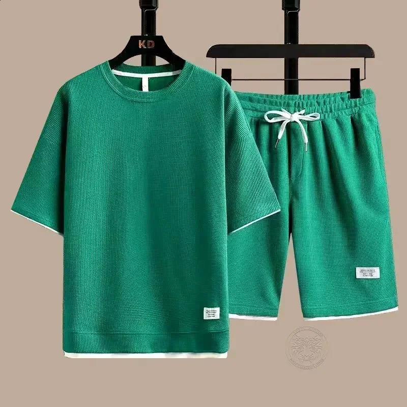 Mens Breathable Waffle Suit Short-sleeved T-shirt Shorts Summer Loose Youth Trend Casual Sportswear Two-piece Set S-4XL 240813