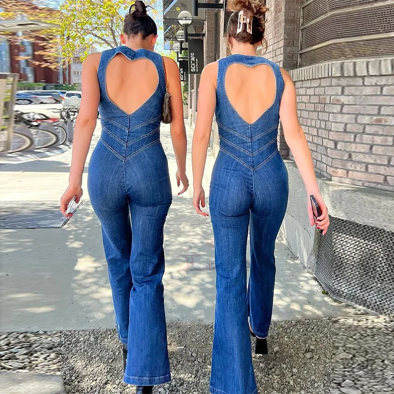 Women Jumpsuit Vintage Chic Denim Zipper Sleeveless Backless Heart Hollow Out Bodycon High Waist Wide Legs Summer Jumpsuits 240813