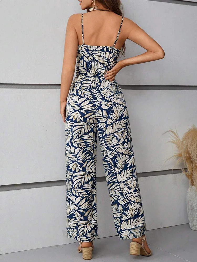 Fashion Casual Womens Waistline V-neck Skinny Shoulder With Holiday Leaf Print Loose Pants Jumpsuit 240813