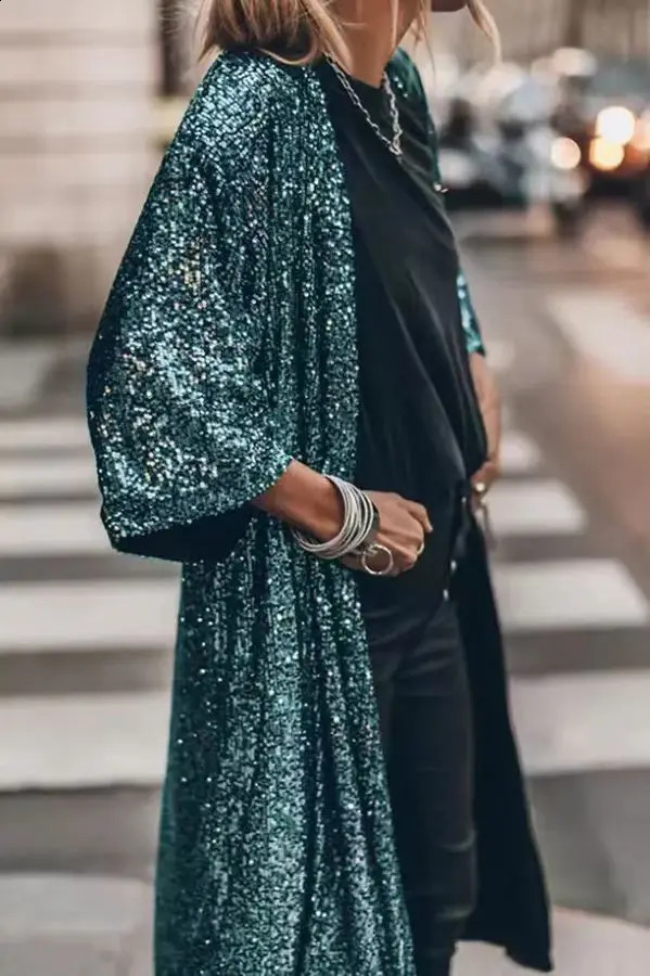 Womens Casual Cardigan Jacket Spring Summer Fashion Party Sequins Female Extended Jacket Daily Work Commuting Style 240813
