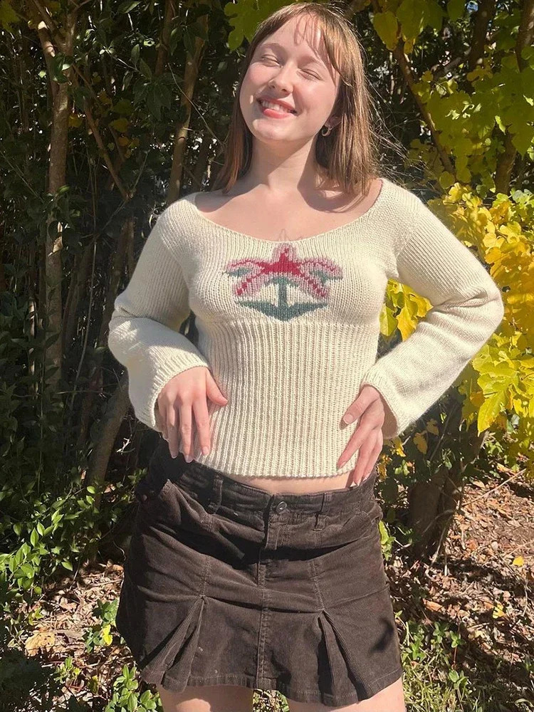 Retro Floral Sweaters Women Y2K Aesthetic Long Sleeve Cropped Jumper Tops Autumn Winter Casual Slim Sweater Pullover 240812