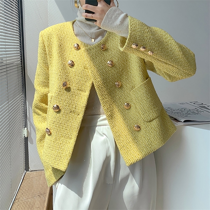 HELIAR Women Tweed Office Elegant Coat Pockets Double-breasted Cardigan Jackets Solid Streetwear Long Sleeve Coat Autumn Winter 240812