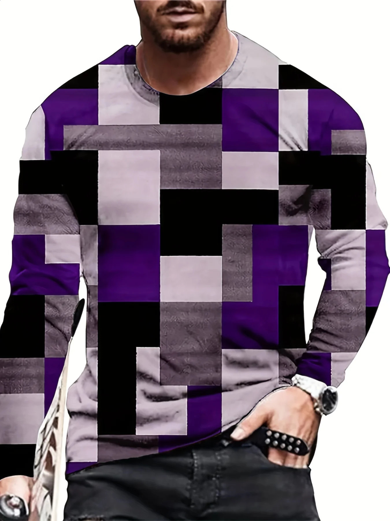 Vintage Mens Long Sleeve T-Shirt Patchwork Tees Tops Plaid T-Shirt For Men 3d Striped Printed Clothing Oversized Streetwear 240812