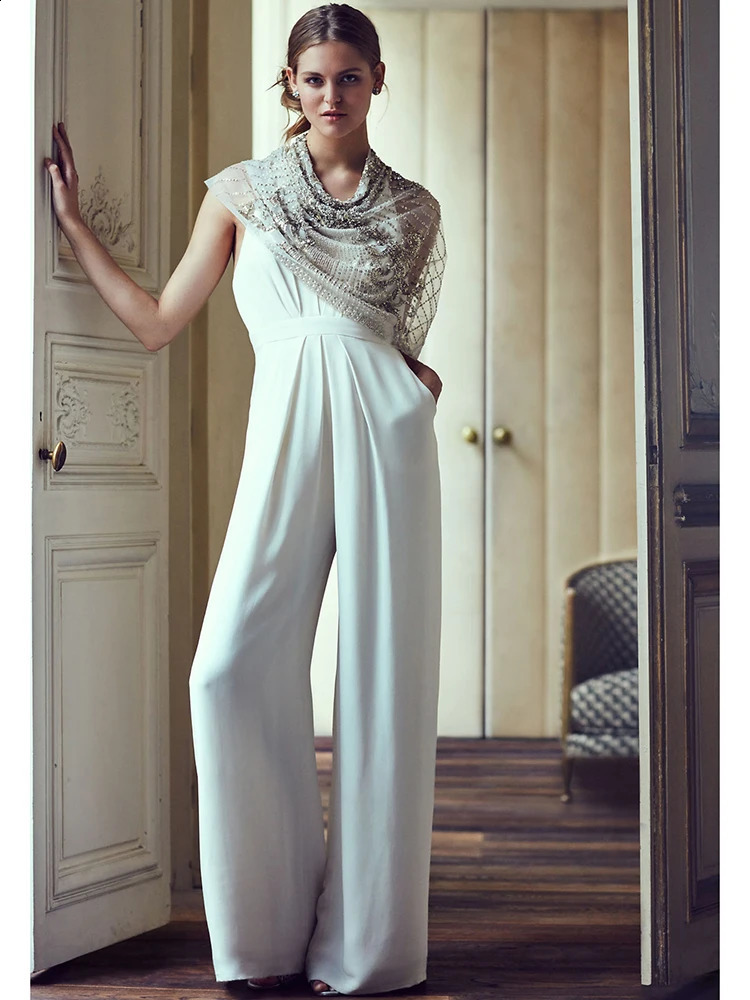 Fitshinling Deep V Neck Elegant Jumpsuit Women Slim Sleeveless Romper Summer Backless Sexy Wide Leg Overalls Fashion White 240813