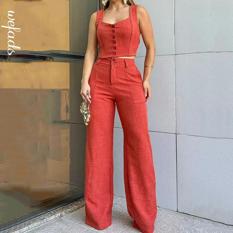 Wefads Two Piece Set Women Summer Casual Chic Solid V Neck Sleeveless Single Breasted Button Top Loose With Pockets Pants Sets 240813