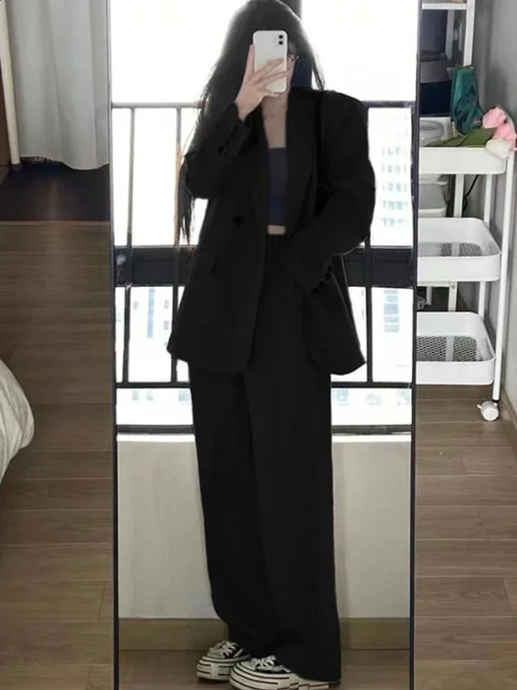 Office Wear Women Blazer Suits Sets Coats Wide Leg Pants Elegant Two Piece Jacket Autumn Coat 240812